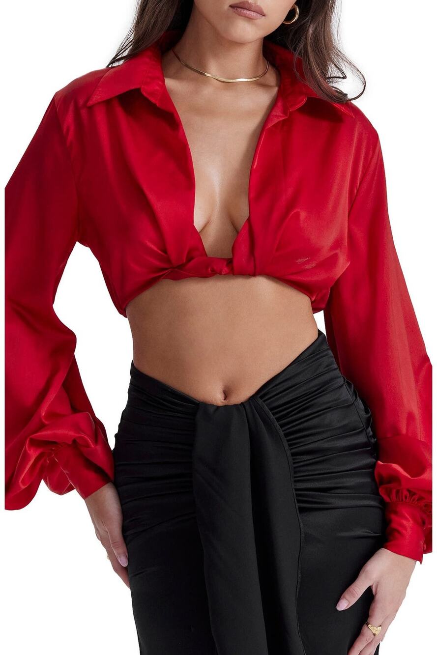 House of CB Laraine Silk Crop Top Red XS